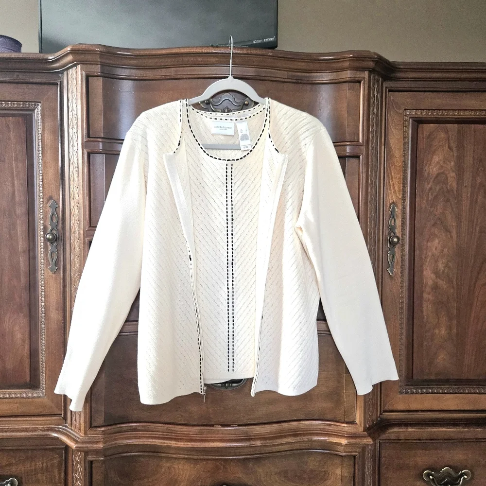 Liz Claiborne, Sweater twin-set. Off White/black. Large - Picture 2 of 15